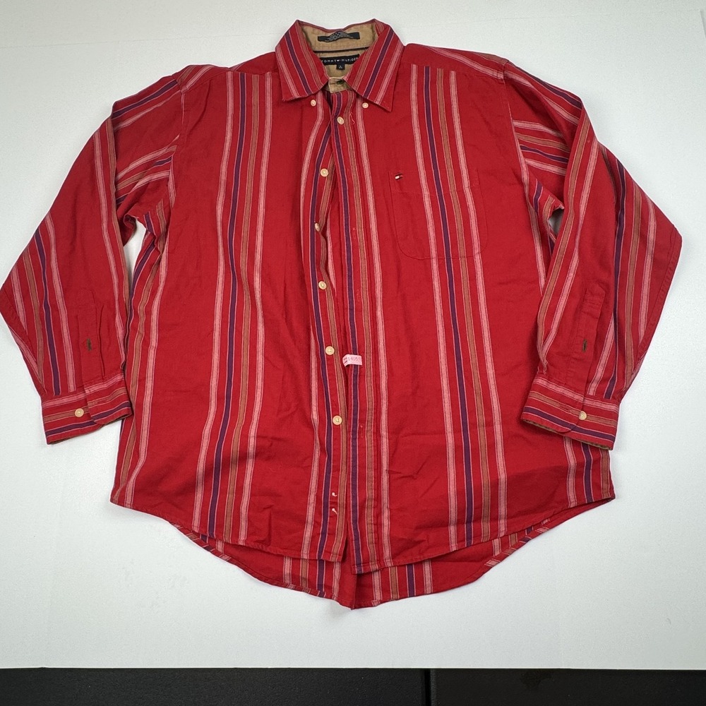Tommy Hilfiger Mens Large Striped Button Up Long Sleeve Red Casual Shirt